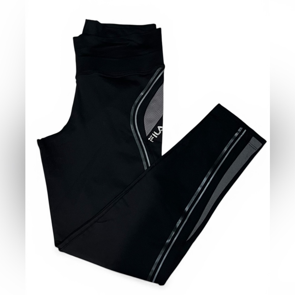 FILA Women Size Large Black Athletic Leggings with Reflective Trim